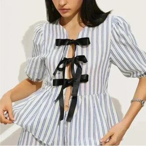 Boutique Striped Bow Puff Sleeve Top - Size Small